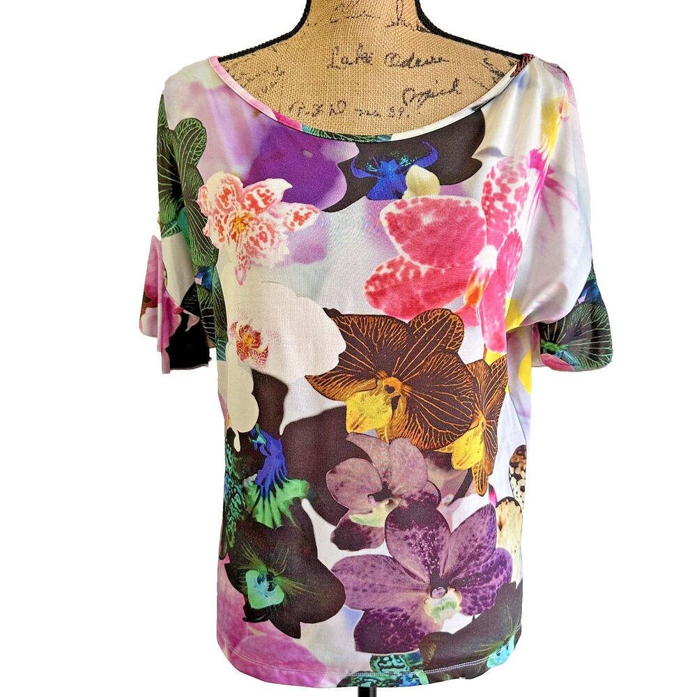 Cristinaeffe Women's Floral Lilac Short Sleeve Stretch Top Blouse Sz 42/6 Italy